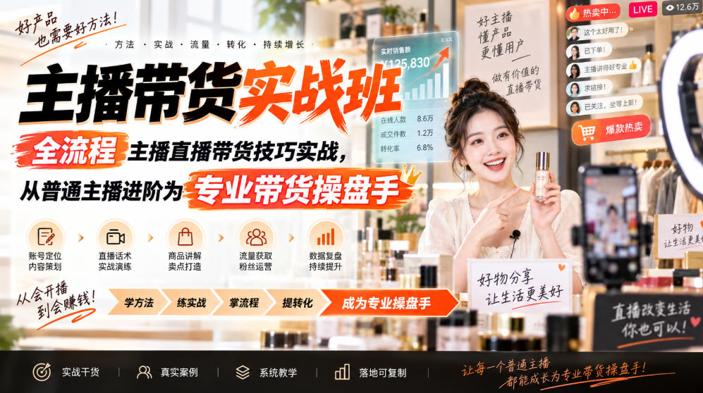 主播带货实战班ZB，全流程主播直播带货技巧实战，从普通主播进阶为专业带货操盘手-智点网