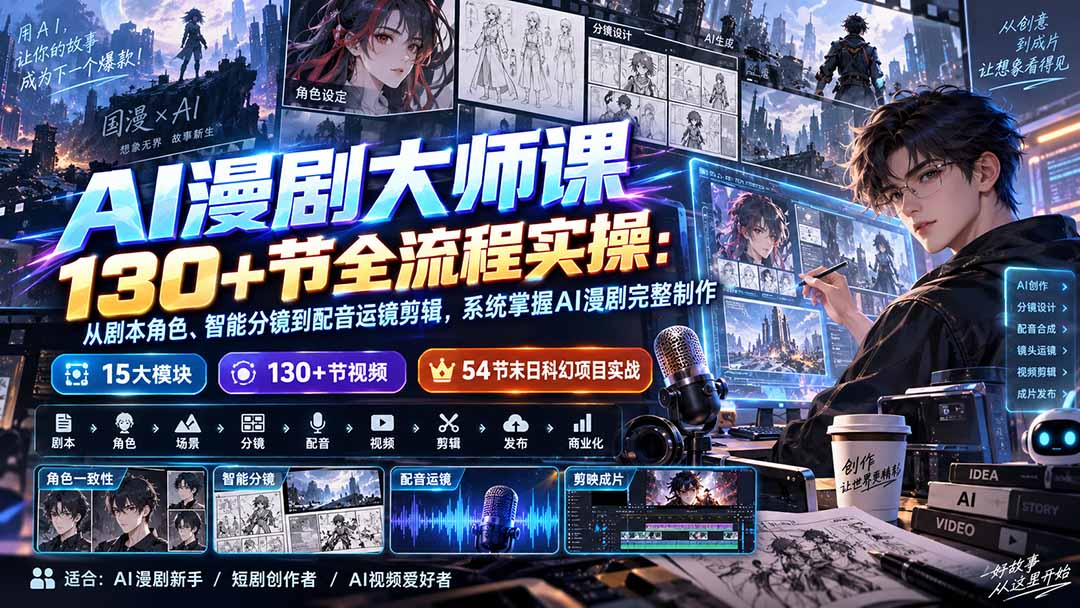AI漫剧大师课130+节全流程实操：从剧本角色、智能分镜到配音运镜剪辑，系统掌握AI漫剧完整制作-智点网