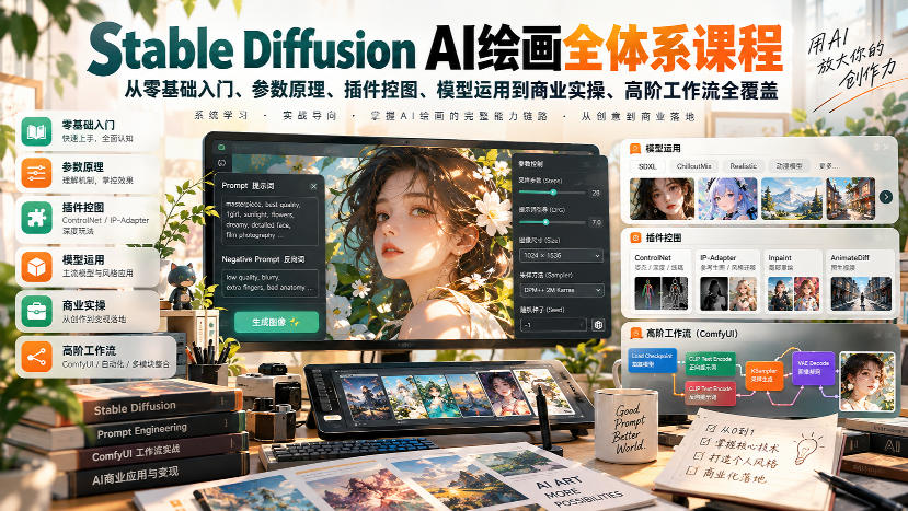 【无水印】Stable Diffusion AI绘画全体系课程，从零基础入门、参数原理、插件控图、模型运用到商业实操、高阶工作流全覆盖-智点网