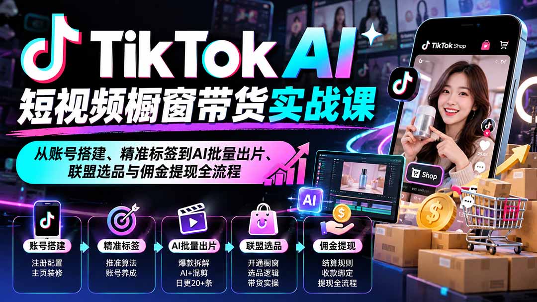 TikTok AI短视频橱窗带货实战课：从账号搭建、精准标签到AI批量出片、联盟选品与佣金提现全流程-智点网