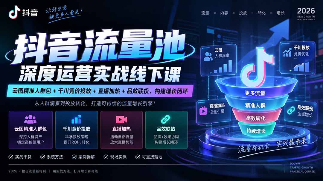 抖音流量池深度运营实战线下课｜云图精准人群包+千川竞价投放+直播加热+品效联投，构建增长闭环-智点网