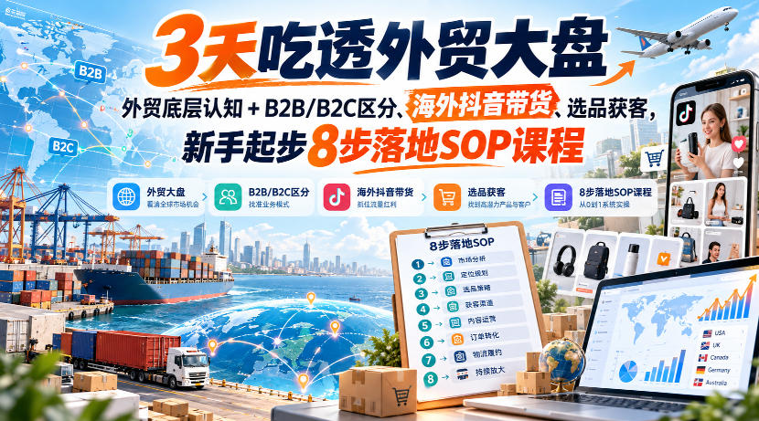 3天吃透外贸大盘，外贸底层认知+B2B/B2C区分、海外抖音带货、选品获客，新手起步8步落地SOP课程-智点网