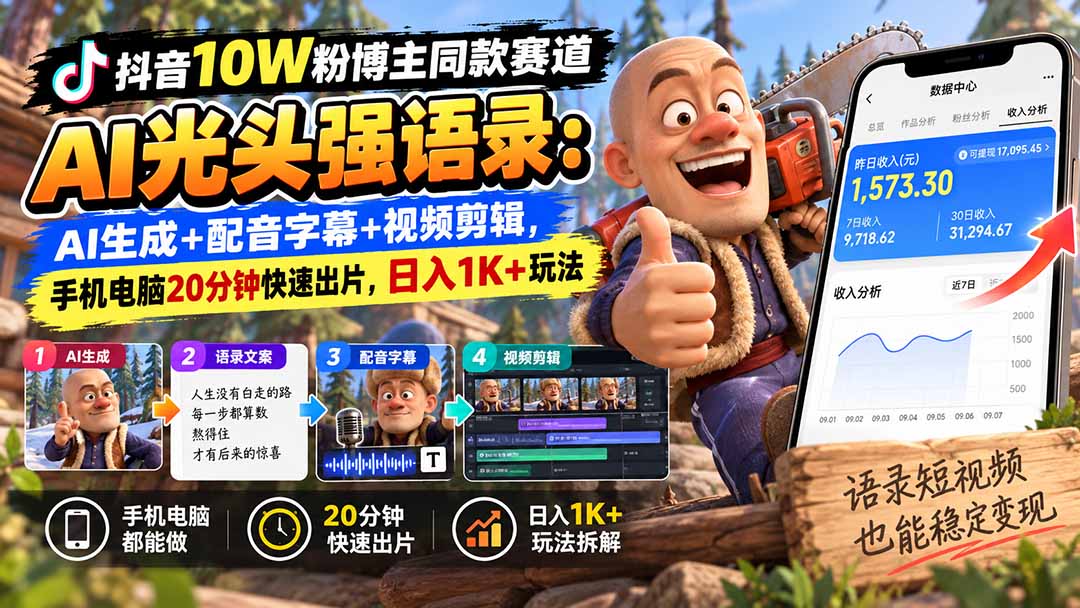 【无水印】抖音10W粉博主同款赛道AI光头强语录：AI生成+配音字幕+视频剪辑，手机电脑20分钟快速出片，日入1K+玩法-智点网