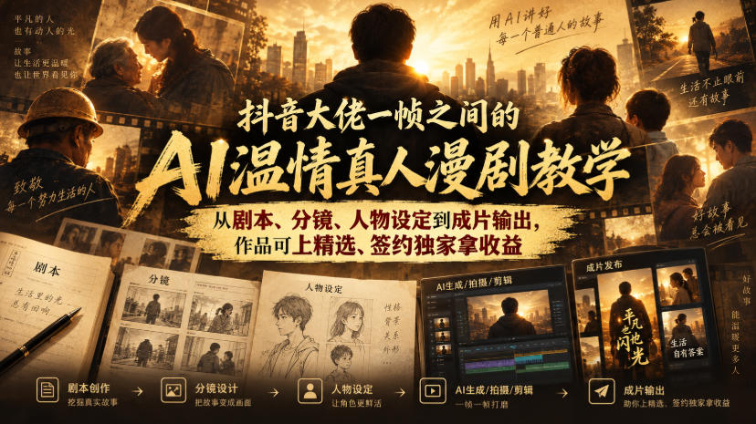 抖音大佬一帧之间的AI温情真人漫剧教学，从剧本、分镜、人物设定到成片输出，作品可上精选、签约独家拿收益-智点网