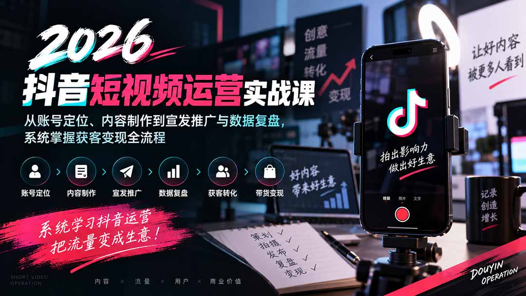 2026抖音短视频运营实战课：从账号定位、内容制作到宣发推广与数据复盘，系统掌握获客变现全流程-智点网