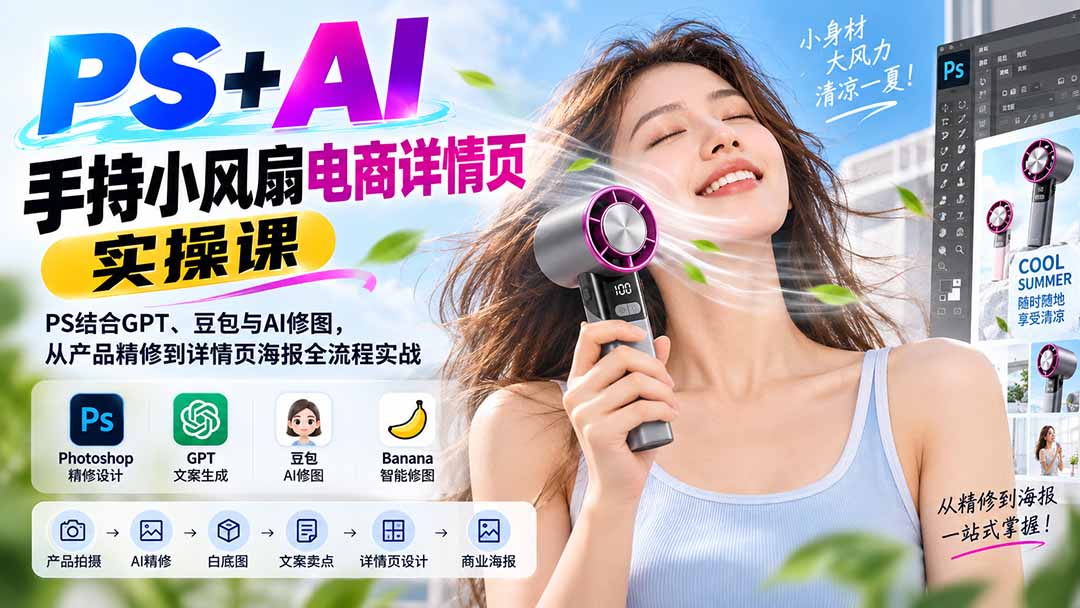 PS+AI手持小风扇电商详情页实操课：PS结合GPT、豆包与AI修图，从产品精修到详情页海报全流程实战-智点网