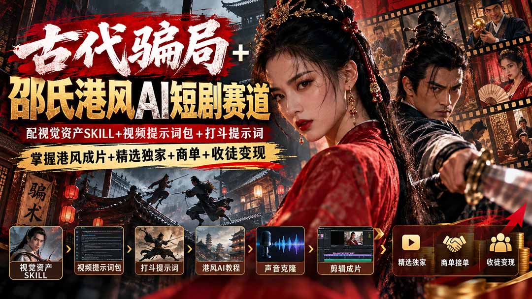 古代骗局+邵氏港风AI短剧赛道：配视觉资产SKILL+视频提示词包+打斗提示词，掌握港风成片+精选独家+商单+收徒变现-智点网