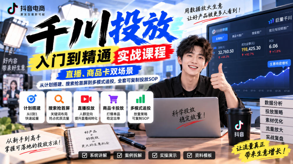 千川投放入门到精通实战课程，直播、商品卡双场景，从计划搭建、搜索抢首屏到多模式追投，全套可复制投放SOP-智点网