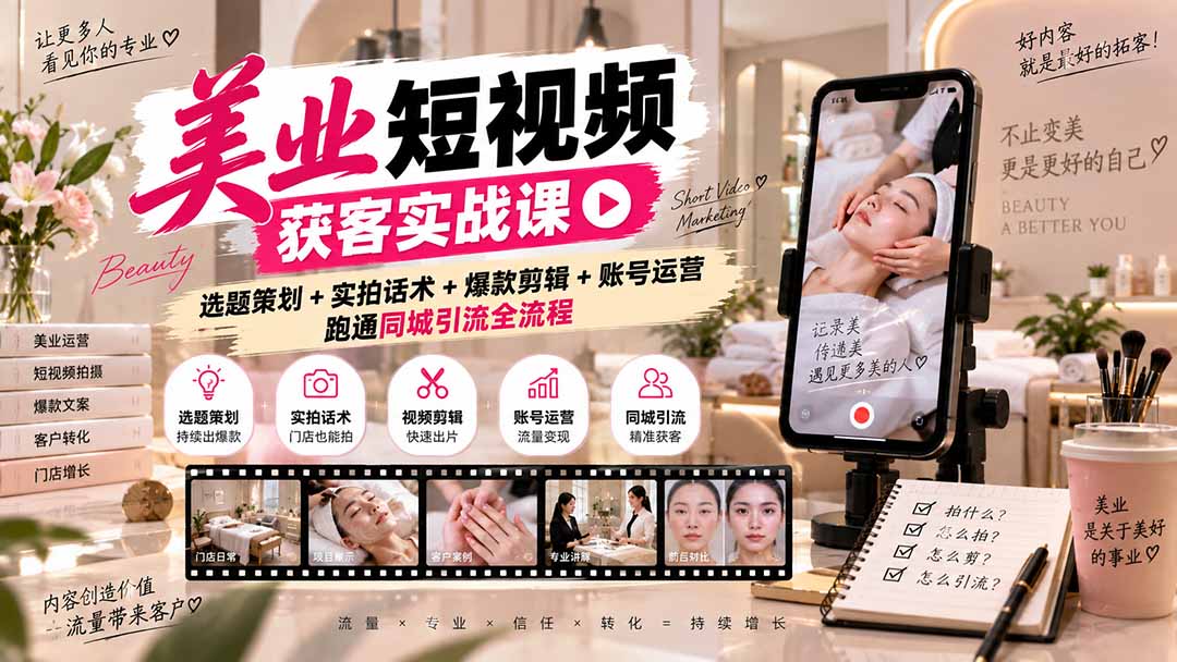 美业短视频获客实战课-无水印：选题策划+实拍话术+爆款剪辑+账号运营，跑通同城引流全流程-智点网
