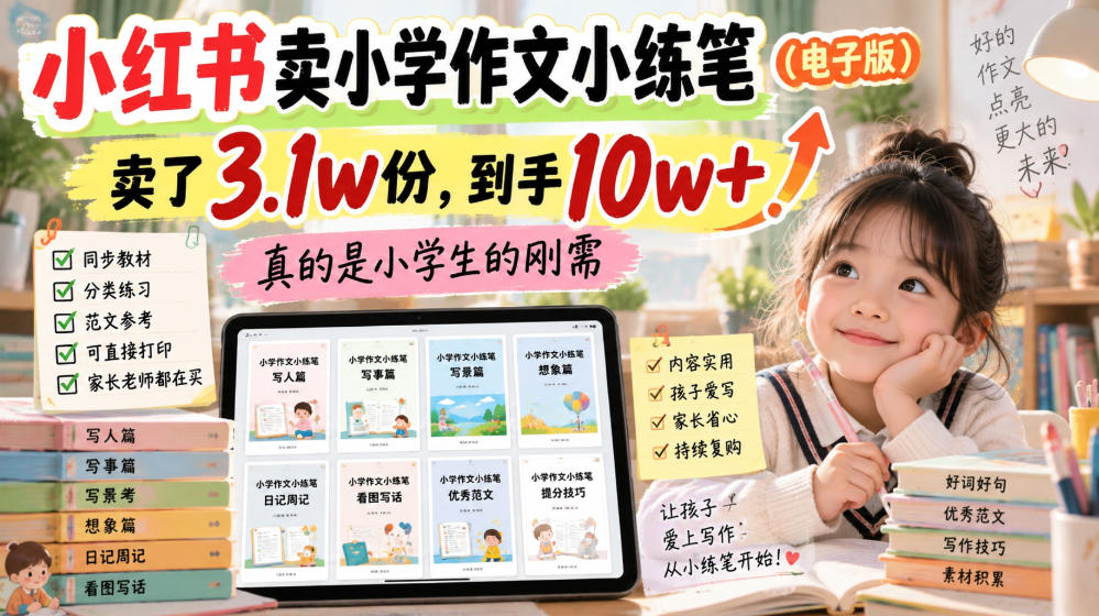 小红书卖小学作文小练笔(电子版)，卖了3.1w份，到手10w+，真的是小学生的刚需-智点网