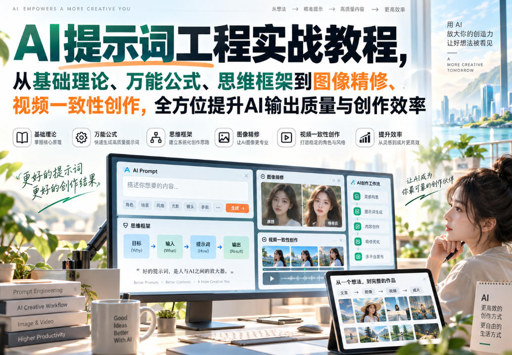 AI提示词工程实战教程，从基础理论、万能公式、思维框架到图像精修、视频一致性创作，全方位提升AI输出质量与创作效率-智点网