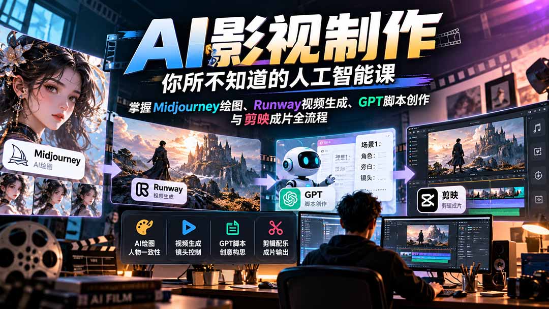 【无水印】AI影视制作-你所不知道的人工智能课，掌握Midjourney绘图、Runway视频生成、GPT脚本创作与剪映成片全流程-智点网