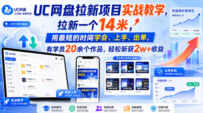 UC网盘拉新项目实战教学，拉新一个14米，用最短的时间学会、上手、出单，有学员20余个作品，轻松斩获2w+收益-智点网