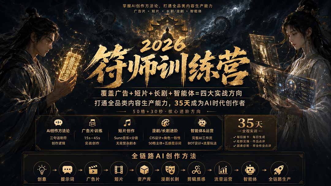 符师训练营-35天成为AI时代创作者，广告+短片+漫剧+智能体四大实战方向，掌握从创意到上线的完整工作流-智点网