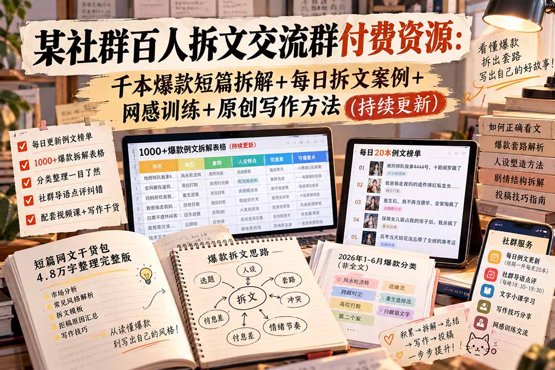 某社群百人拆文交流群付费资源-更新0929：千本爆款短篇拆解+每日拆文案例+网感训练+原创写作方法-智点网