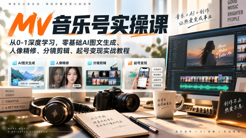 AI MV音乐号实操课，从0-1深度学习，零基础AI图文生成、人像精修、分镜剪辑、起号变现实战教程-智点网