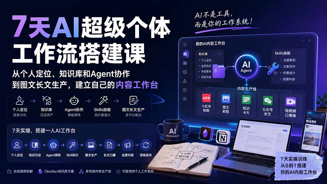 7天AI超级个体工作流搭建课：从个人定位、知识库和Agent协作到图文长文生产，建立自己的内容工作台-智点网