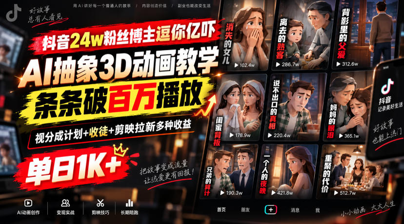 抖音24w粉丝博主逗你亿吓AI抽象3D动画教学，条条破百万播放，分成计划+收徒+剪映拉新多种收益，单日1K+-智点网