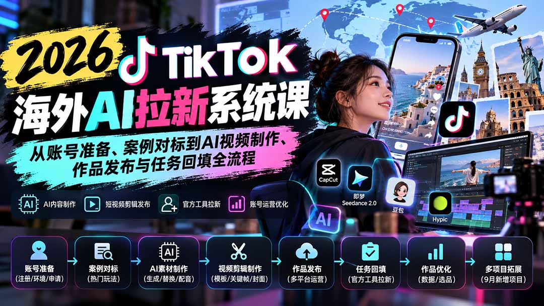 【无水印】2026 TikTok海外AI拉新系统课：从账号准备、案例对标到AI视频制作、作品发布与任务回填全流程-智点网