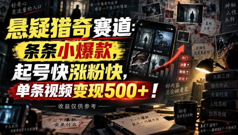 悬疑猎奇赛道：条条小爆款，起号快涨粉快，单条视频变现500+！收益仅供参考-智点网