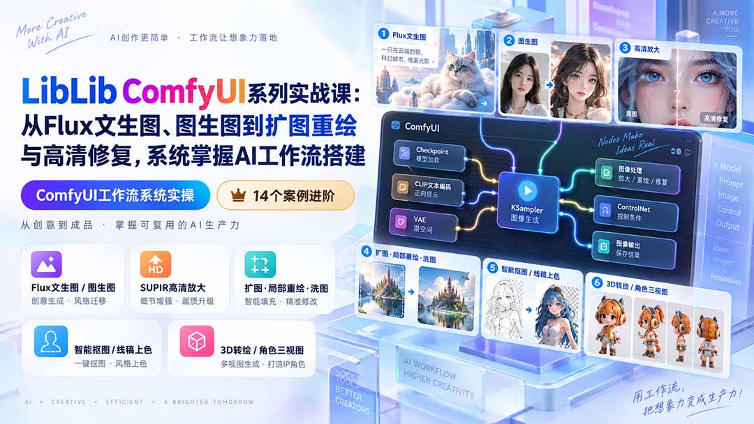 LibLib ComfyUI系列实战课：从Flux文生图、图生图到扩图重绘与高清修复，系统掌握AI工作流搭建-智点网