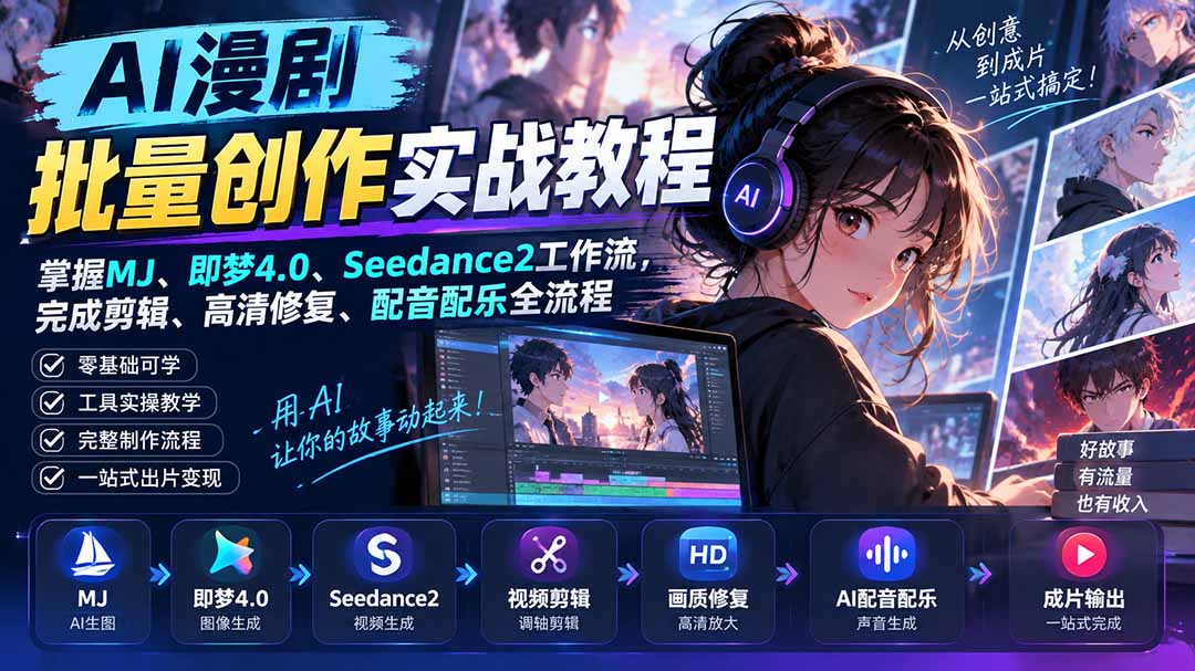 AI漫剧批量创作实战教程：掌握MJ、即梦4.0、Seedance2工作流，完成剪辑、高清修复、配音配乐全流程-智点网