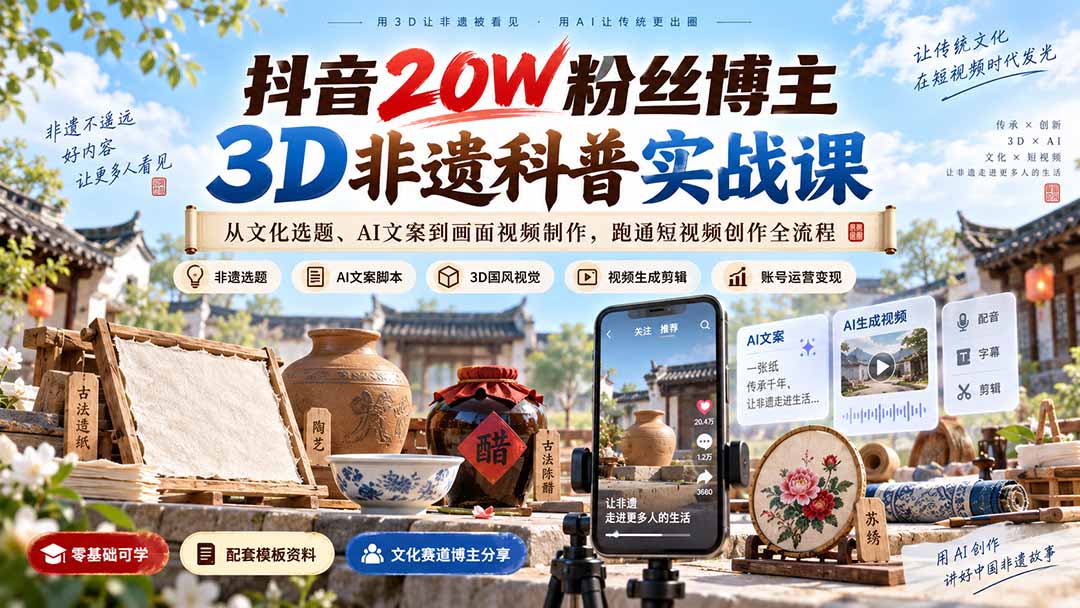 抖音20W粉丝博主3D非遗科普实战课：从文化选题、AI文案到画面视频制作，跑通短视频创作全流程-智点网