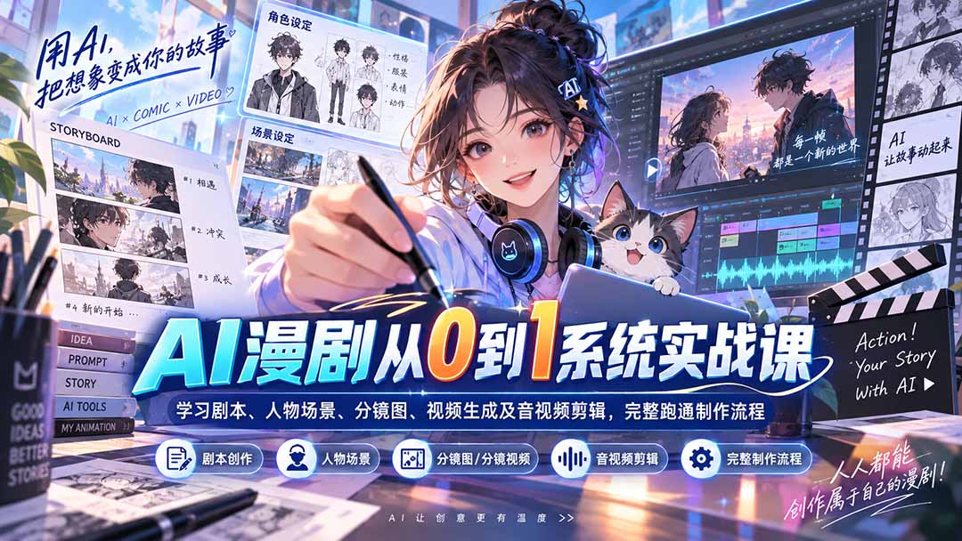 AI漫剧从0到1系统实战课：学习剧本、人物场景、分镜图、视频生成及音视频剪辑，完整跑通制作流程-智点网
