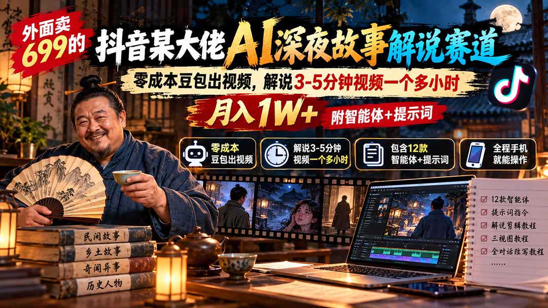 外面卖699的抖音某大佬AI深夜故事解说赛道：零成本豆包出视频，解说3-5分钟视频一个多小时，月入1W+附智能体+提示词-智点网