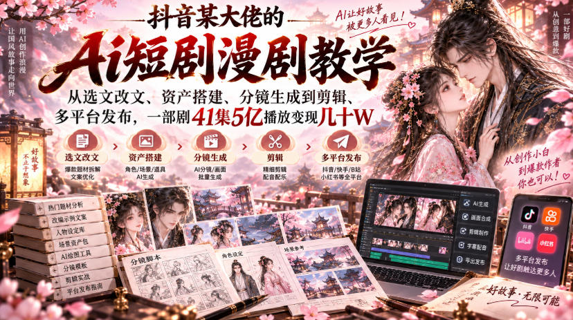 抖音某大佬的Ai短剧漫剧教学，从选文改文、资产搭建、分镜生成到剪辑、多平台发布，一部剧41集5亿播放变现几十W-智点网