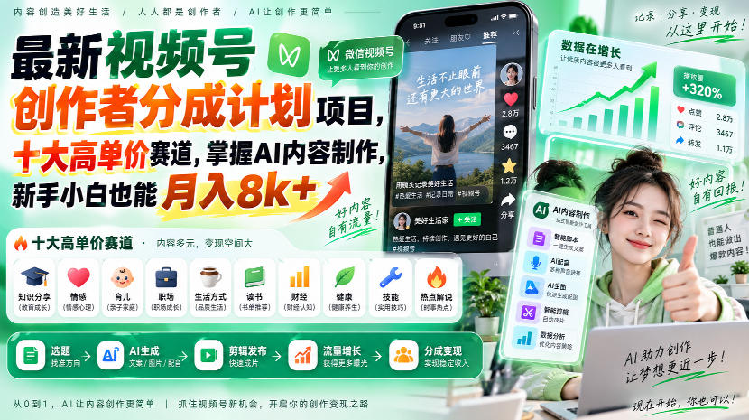 最新视频号创作者分成计划项目，十大高单价赛道，掌握AI内容制作，新手小白也能月入8k+-智点网