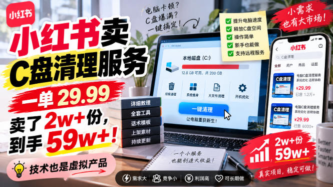 小红书卖C盘清理服务，一单29.99，卖了2w+份，技术也是虚拟产品-智点网