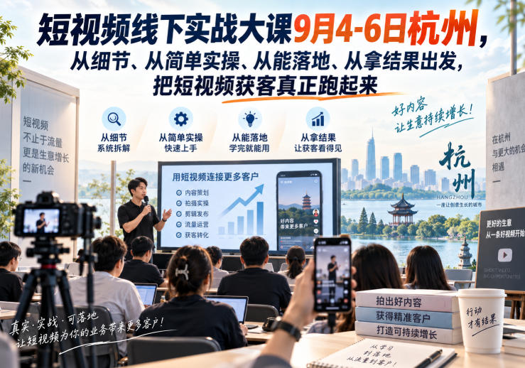 短视频线下实战大课9月4-6日杭州，从细节、从简单实操、从能落地、从拿结果出发，把短视频获客真正跑起来-智点网
