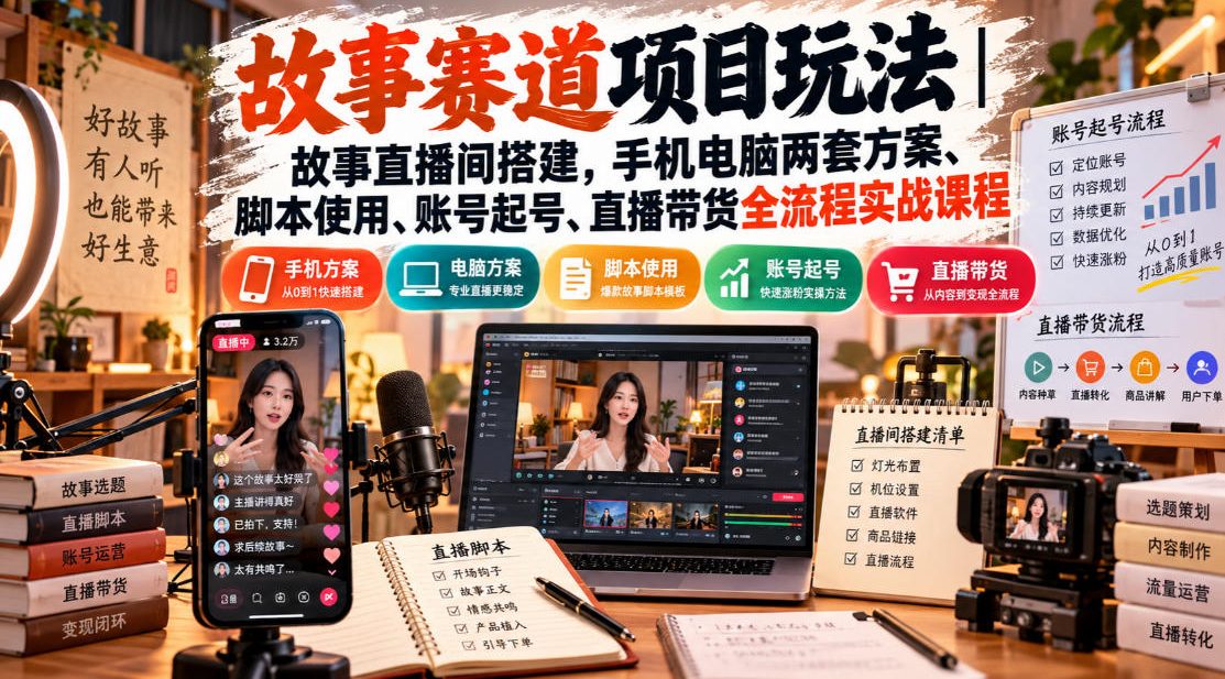 故事赛道项目玩法｜故事直播间搭建，手机电脑两套方案、脚本使用、账号起号、直播带货全流程实战课程-智点网