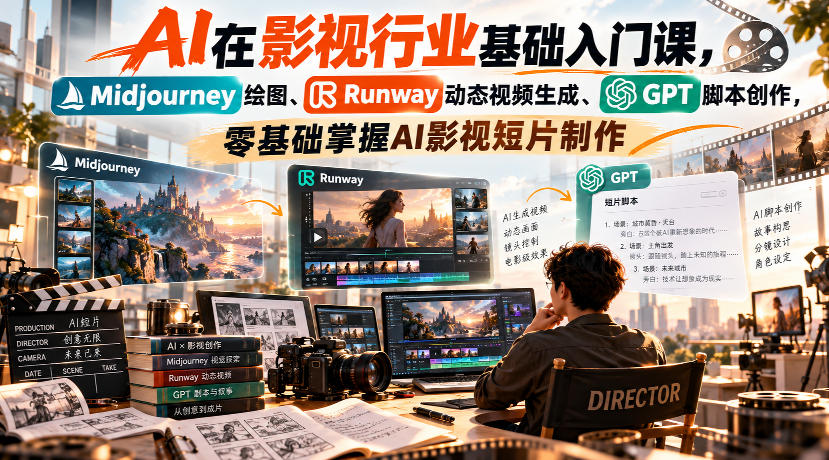 【无水印】AI在影视行业基础入门课，Midjourney绘图、Runway动态视频生成、GPT脚本创作，零基础掌握AI影视短片制作-智点网