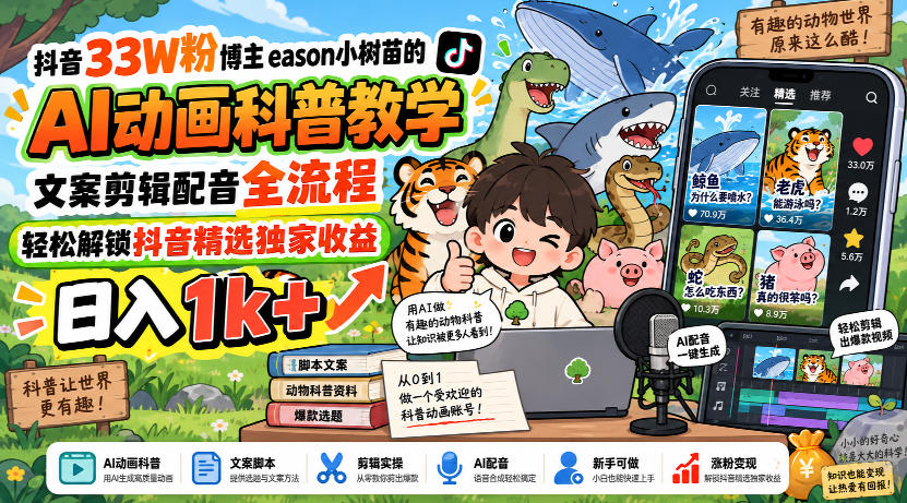 抖音33W粉博主eason小树苗的AI动画科普教学，文案剪辑配音全流程，轻松解锁抖音精选独家收益，日入1k+-智点网
