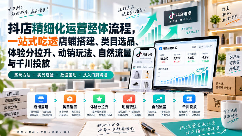 李哥电商-抖店精细化运营整体流程，一站式吃透店铺搭建、类目选品、体验分拉升、动销玩法、自然流量与千川投放-智点网