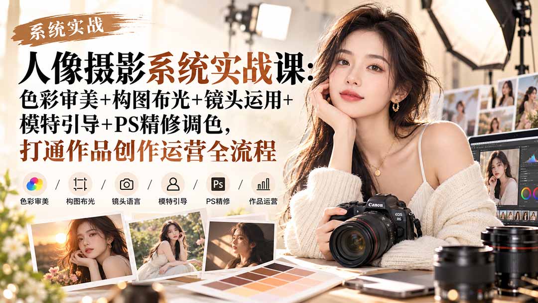 【无水印】人像摄影系统实战课：色彩审美+构图布光+镜头运用+模特引导+PS精修调色，打通作品创作运营全流程-智点网