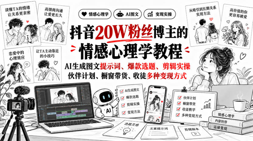抖音20W粉丝博主静候心声的情感心理学教程，AI生成图文提示词、爆款选题、剪辑实操，伙伴计划、橱窗带货、收徒多种变现方式-智点网