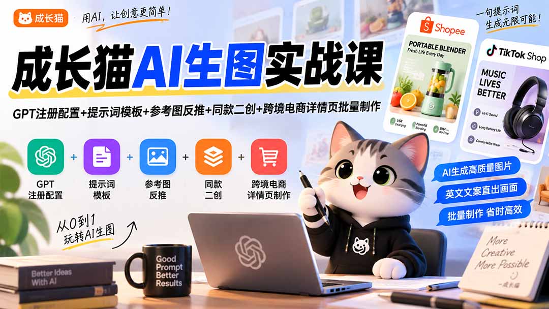 成长猫AI生图实战课｜GPT注册配置+提示词模板+参考图反推+同款二创+跨境电商详情页批量制作-智点网