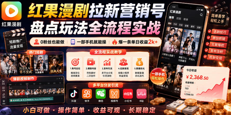 红果漫剧拉新营销号盘点玩法全流程实战，0粉丝也能做，一部手机就能做，爆一条单日收益2k+(更新0922)-智点网