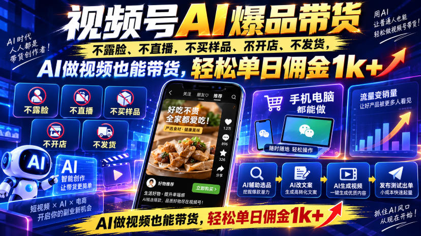 视频号Ai爆品带货，不露脸、不直播、不买样品、不开店、不发货，AI做视频也能带货，轻松单日佣金1k+-智点网