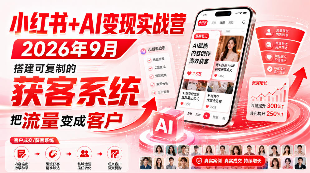 小红书+AI变现实战营2026年9月，搭建可复制的获客系统，把流量变成客户！-智点网