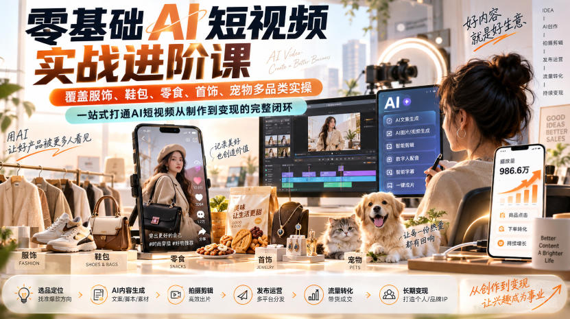 零基础AI短视频实战进阶课，覆盖服饰、鞋包、零食、首饰、宠物多品类实操，一站式打通AI短视频从制作到变现的完整闭环-智点网