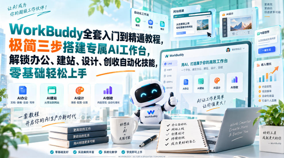 WorkBuddy全套入门到精通教程，极简三步搭建专属AI工作台，解锁办公、建站、设计、创收自动化技能，零基础轻松上手-智点网