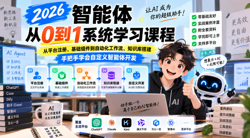 2026智能体从0到1系统学习课程，从平台注册、基础组件到自动化工作流、知识库搭建，手把手学会自定义智能体开发-智点网