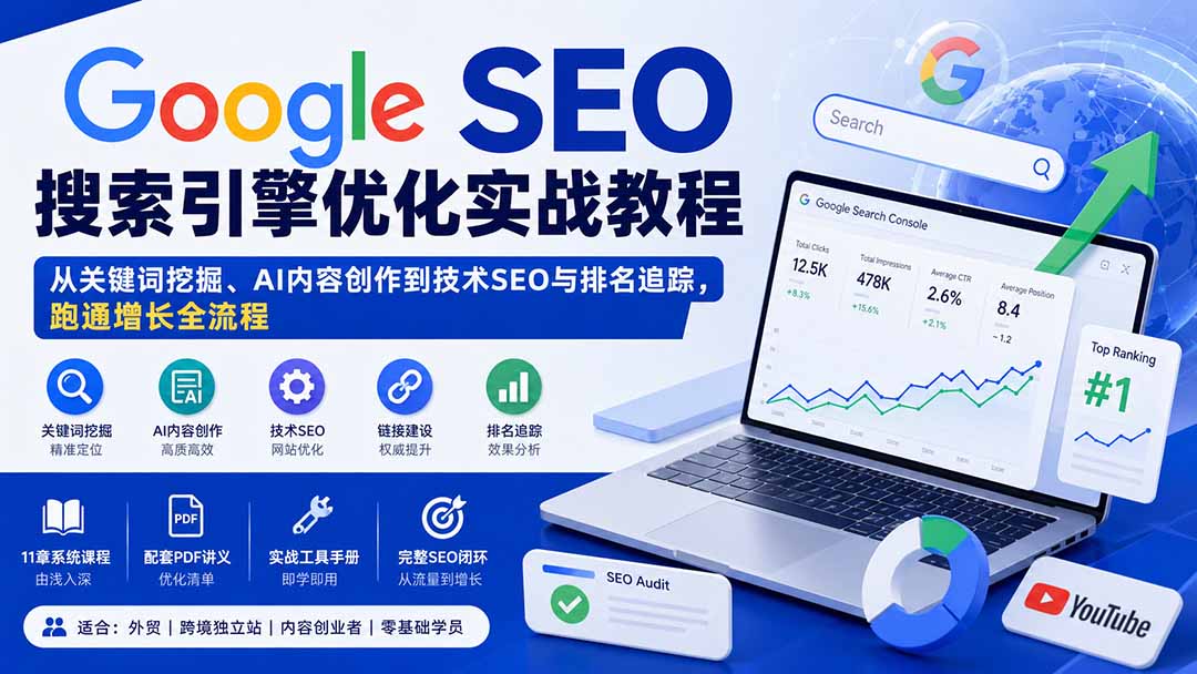 Google SEO搜索引擎优化实战教程：从关键词挖掘、AI内容创作到技术SEO与排名追踪，跑通增长全流程-智点网