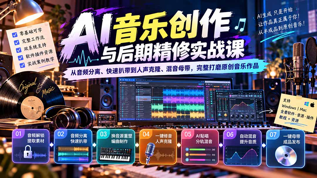 AI音乐创作与后期精修实战课：从音频分离、快速扒带到人声克隆、混音母带，完整打磨原创音乐作品-智点网