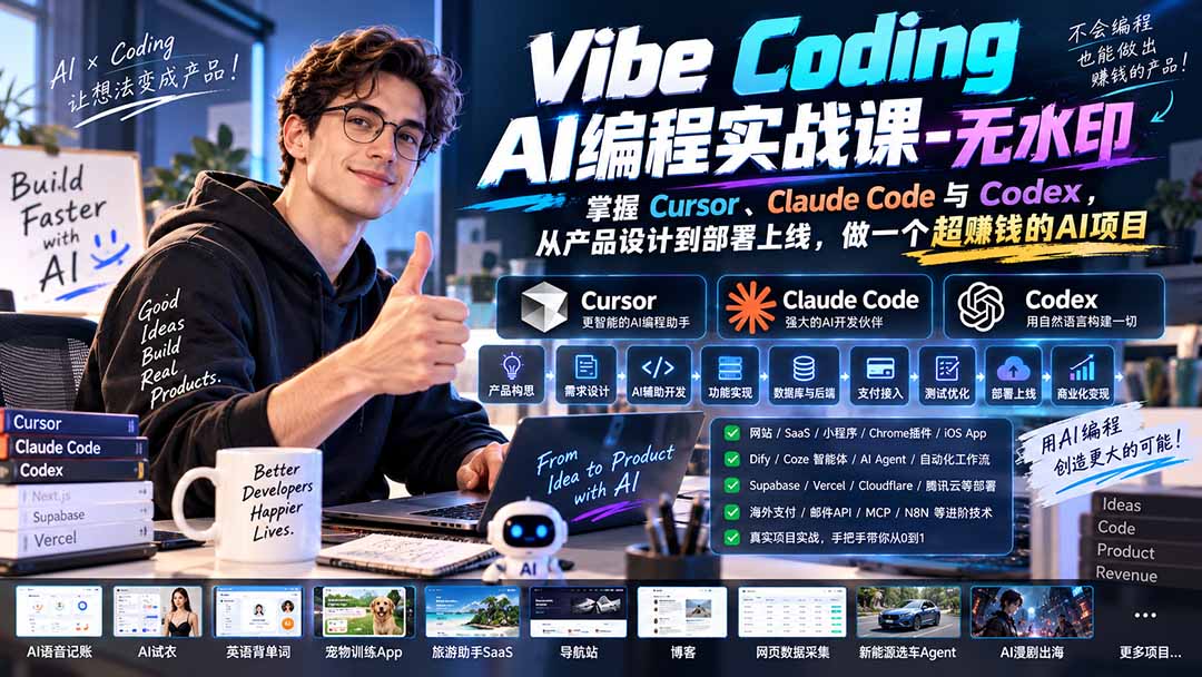 Vibe Coding AI编程实战课-无水印：掌握Cursor、Claude Code与Codex，从产品设计到部署上线，做一个超赚钱的AI项目-智点网