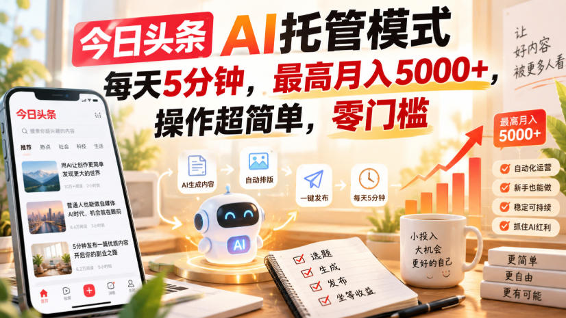 今日头条AI托管模式，每天5分钟，最高月入5000+，操作超简单，零门槛【揭秘】-智点网